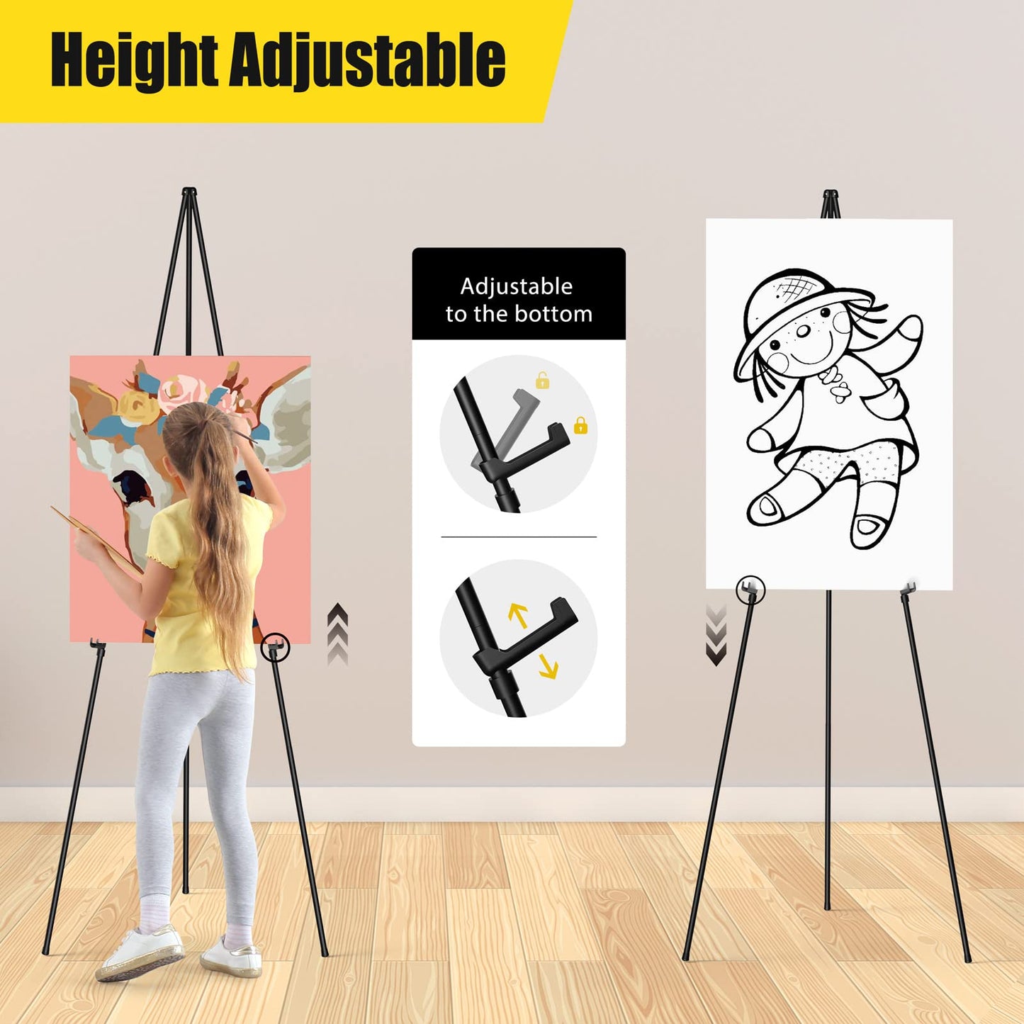 SunyesYoon Display Black Easel Stand for Wedding Sign - Artist Instant Tripod Collapsible Portable Floor Easel for Posters- 63" Adjustable Easy Folding Metal Stand for Display Show, Arts, Painting