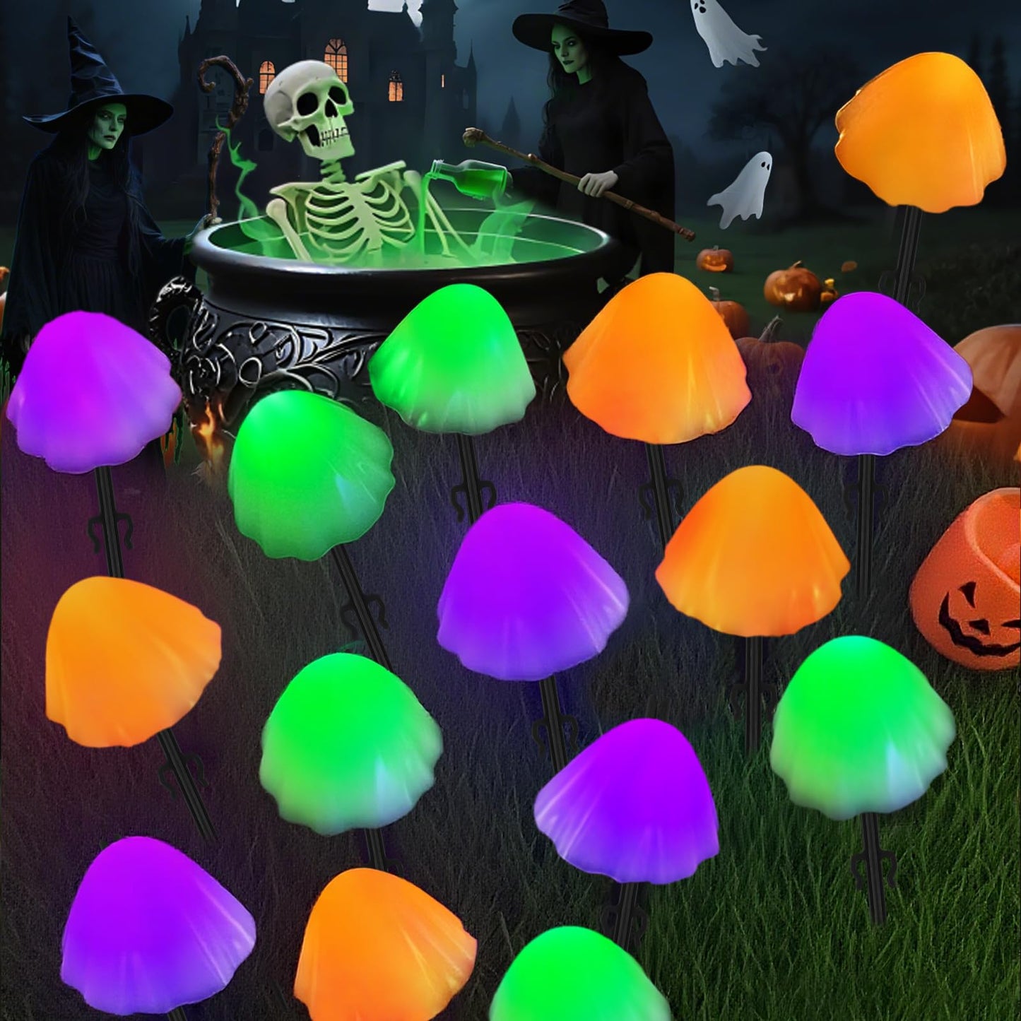 2PK 55FT 32LED Halloween Orange Purple and Green Solar Mushroom Lights Outdoor, Solar String Light with 8 Lighting Modes Auto On/Off, Halloween Garden Lights for Witch Decorations