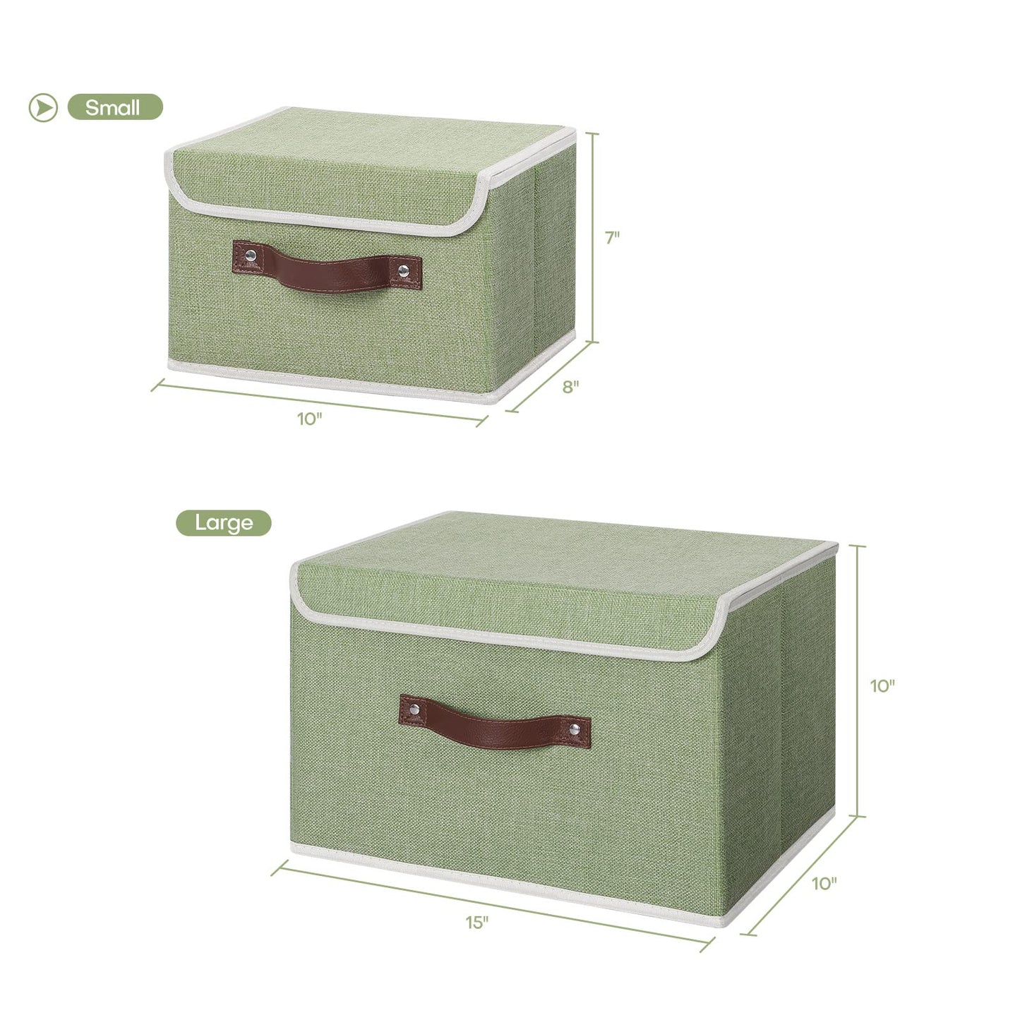 Storage Bin with Lid Storage Boxes with PU Leather Handles PP Plastic Board Decorative Foldable Lidded Cotton Linen Fabric Home Cubes Baskets Closet Organizer Container - Green, Small Size