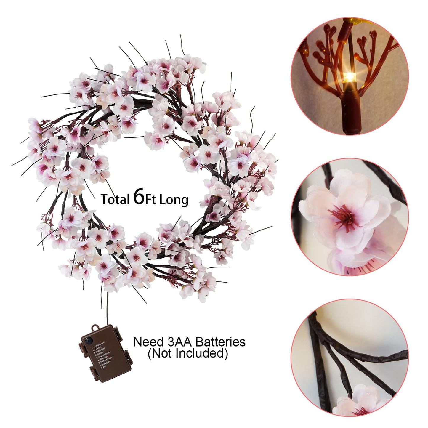 Uieke Lighted Cherry Blossom Garland with Timer 48 LED Fairy Lights 6FT for Mantle, Artificial Flower Vines with Lights 8 Modes Battery Operated Home Fireplace Wedding Party Room Decor