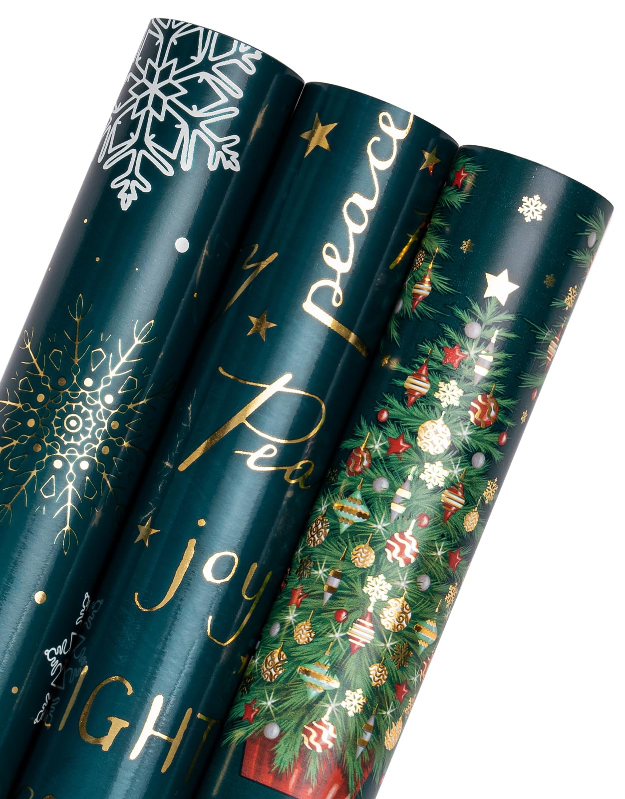Christmas Wrapping Paper Roll - Mini Roll - 3 Rolls - 17 Inch x 120 Inch Per Roll - Green Christmas Tree and Snowflake Holiday Design with Metallic Foil Shine