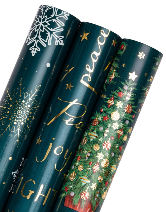 Christmas Wrapping Paper Roll - Mini Roll - 3 Rolls - 17 Inch x 120 Inch Per Roll - Green Christmas Tree and Snowflake Holiday Design with Metallic Foil Shine