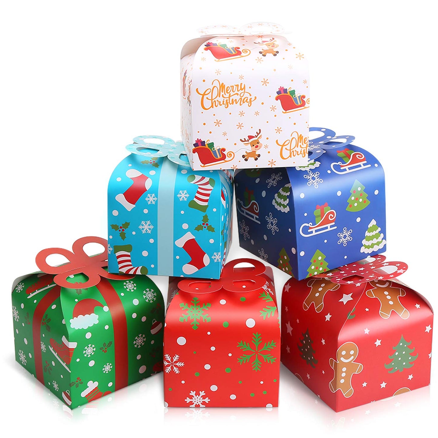 LOKIPA Christmas Kraft Goody Gift Boxes, 24 Xmas Party Paper Treat Candy Boxes With Bow for Christmas Favor