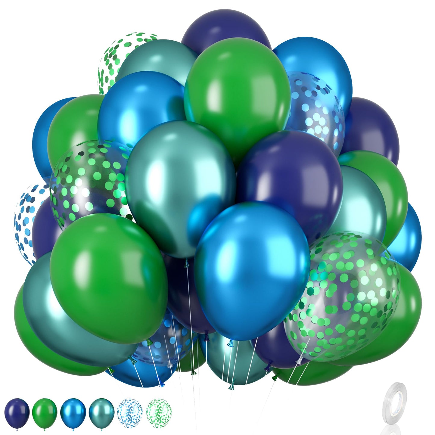 Blue and Green Balloon Set, 12 Inch Navy Blue Dark Green Balloon Metallic Chrome Green Blue Balloons, Confetti Green Blue Balloons for Jungle Safari Theme Boys Birthday Party Decorations
