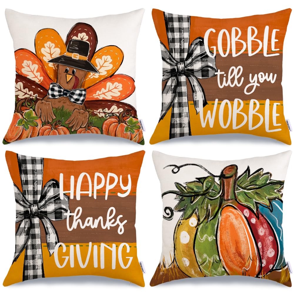 GEEORY Happy Thanksgiving Throw Pillow Covers 18x18 Inch Set of 4, Turkey Gobble Pumpkin Striped Fall Farmhouse Decorative Holiday Decoration for Home G568-18