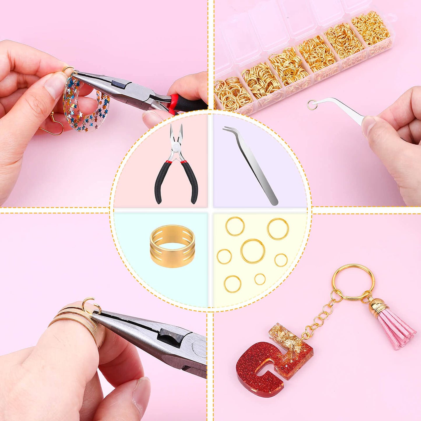 Gold Jump Rings for Jewelry Making, Paxcoo 1500Pcs Jewelry Necklace Repair Kit with Jewelry Making Supplies and Jewelry Pliers for Bangle Charms, Earrings and Nail Piercing