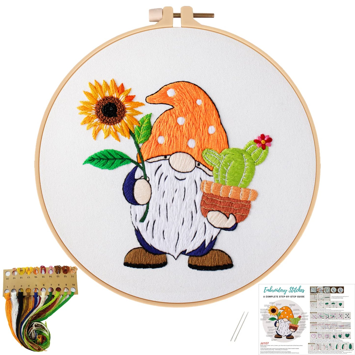 Sunflower Embroidery Kit for Beginners, Full Set of Stamped Gnome Cross Stitch Kit for Adults Including Threads, Hoops and Instruction