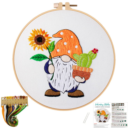 Sunflower Embroidery Kit for Beginners, Full Set of Stamped Gnome Cross Stitch Kit for Adults Including Threads, Hoops and Instruction
