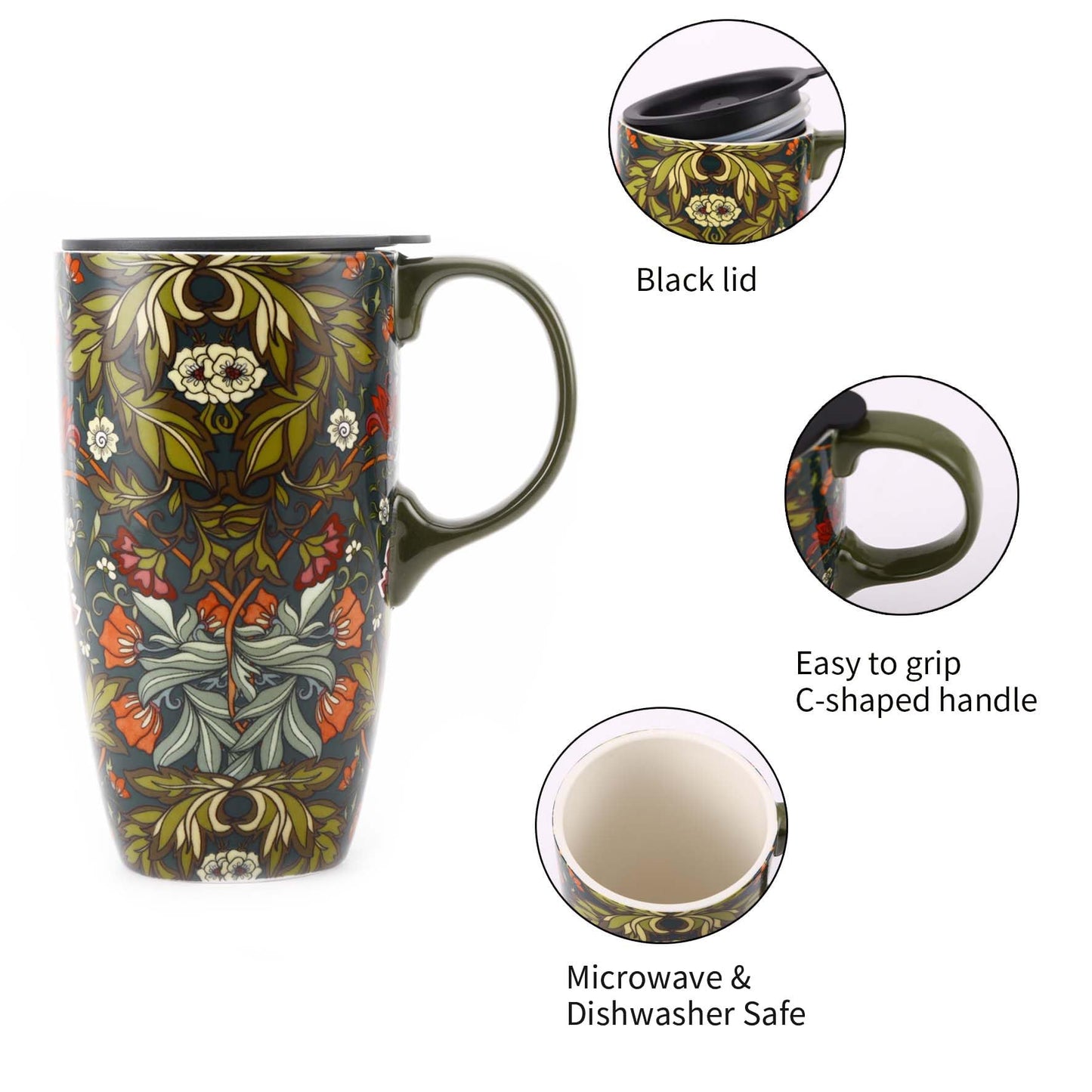 Coffee Ceramic Mug Porcelain Latte Tea Cup With Lid 17oz. Green