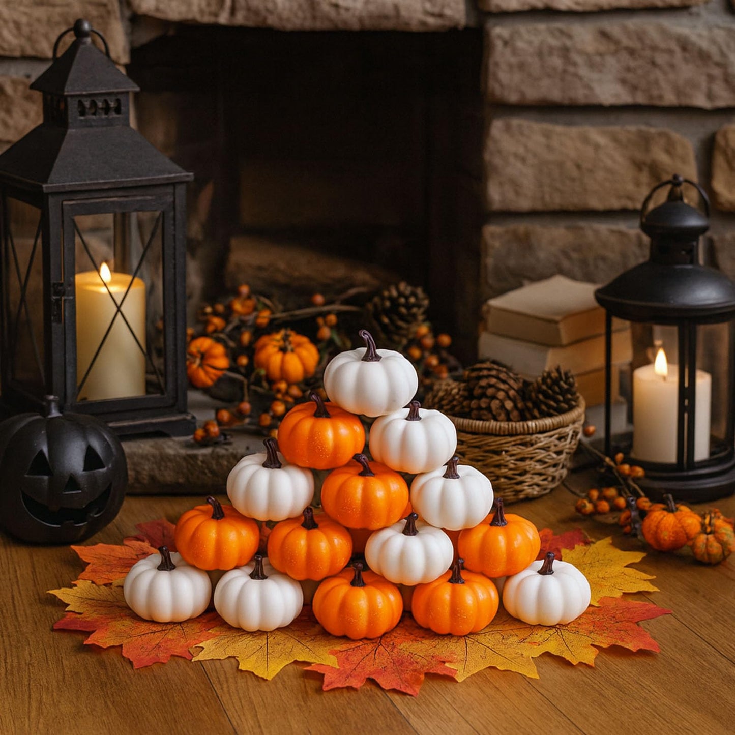 42 PCS Artificial Pumpkins Decorations, 12PCS Fake Pumpkins with 30Packs Maple Leaves for Fall Harvest Crafts Halloween Thanksgiving Decor