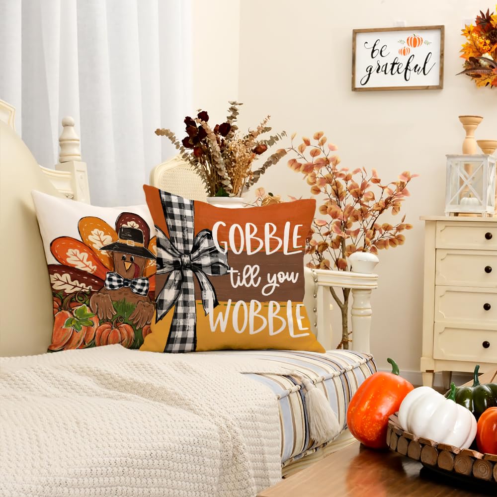 GEEORY Happy Thanksgiving Throw Pillow Covers 18x18 Inch Set of 4, Turkey Gobble Pumpkin Striped Fall Farmhouse Decorative Holiday Decoration for Home G568-18