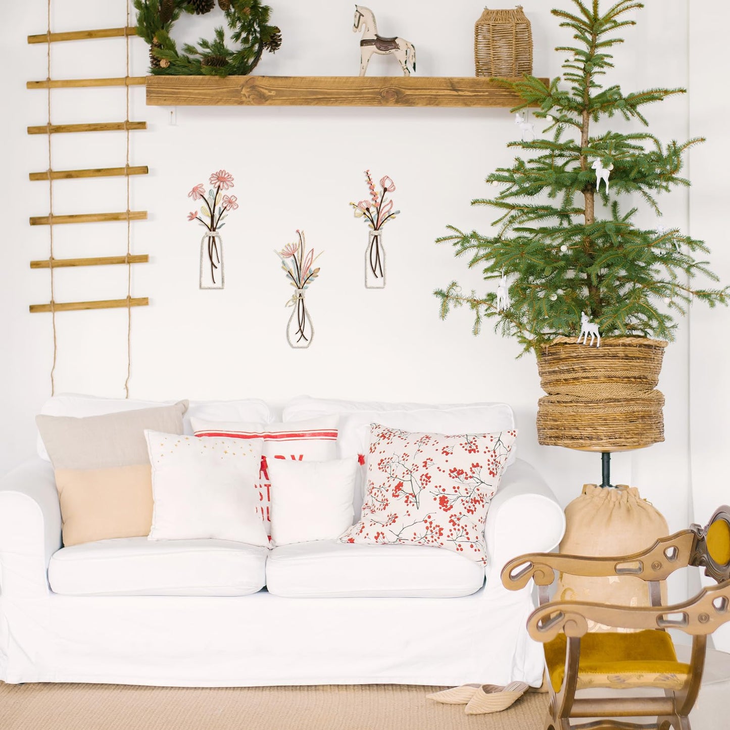 3 Pieces Metal Flowers Wall Arts - Rustic Farmhouse Style Décor Metal Wall Art Black Minimalist Flower Natural Themed Wall Decors for Home Bedroom Dining Room Housewarming (Pink Beige)