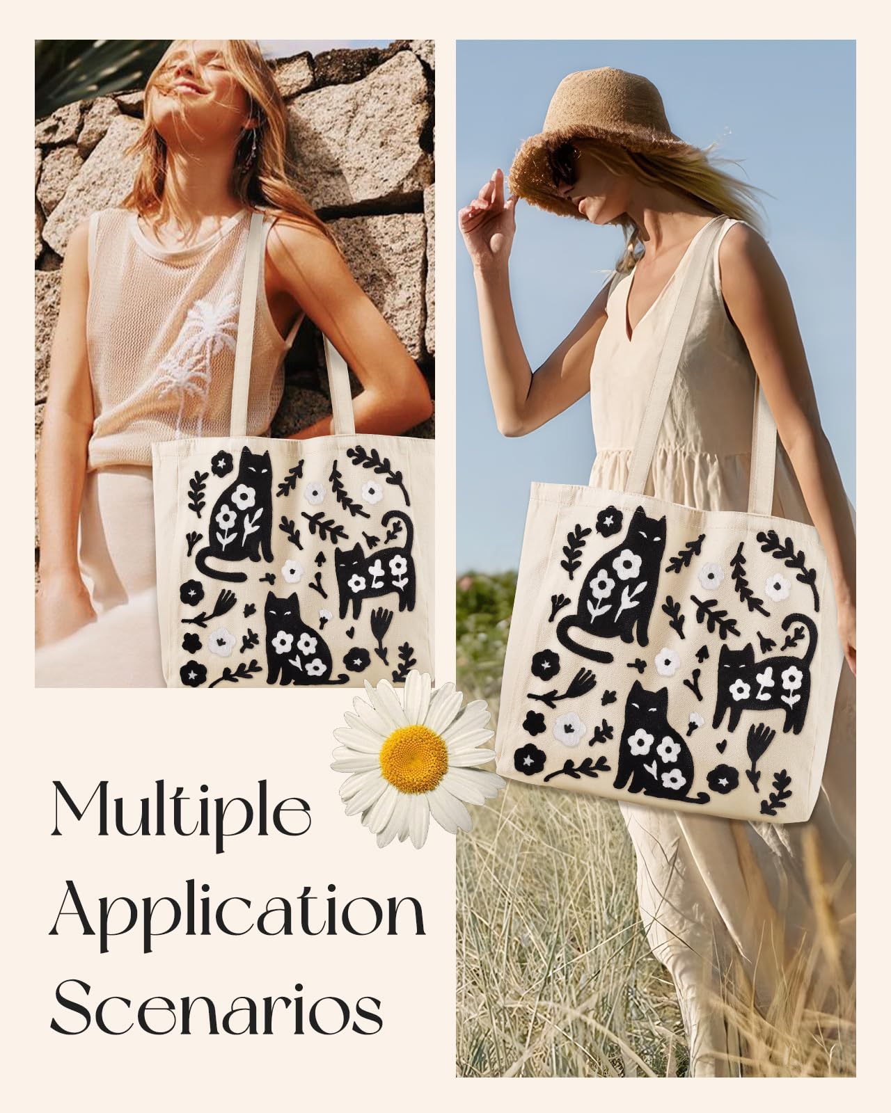 Miss Adola Embroidery Canvas Tote Bag for Women - Reusable Totes with Pocket & Magnetic Buckle Cute Aesthetic Designer Shoulder Bags for Shopping Grocery Daily Work, Black Cat Flower