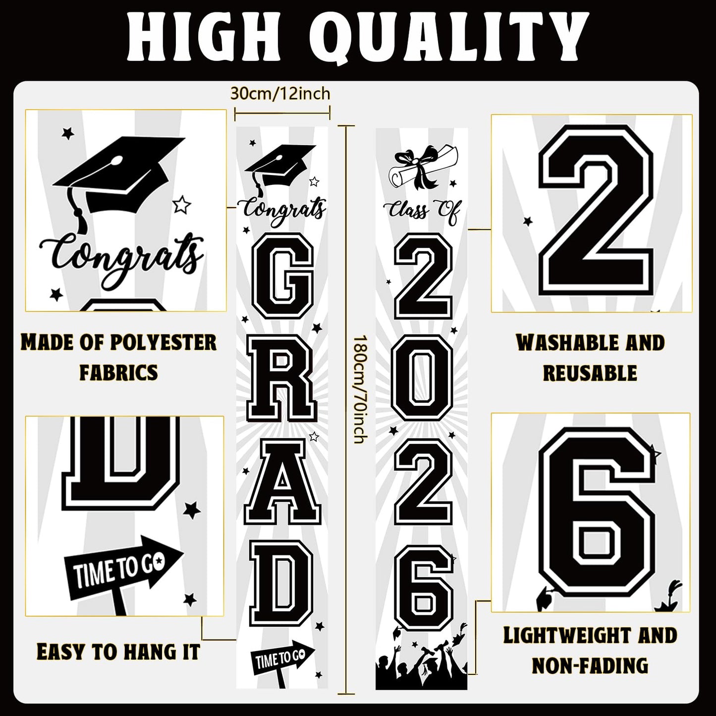 Graduation Banner 2026 Graduation Decorations Black and White Grad Banner Porch Sign Class of 2026 Door Decor Congrats Hanging Backdrop Black White Grad Party Decor for School Congratulations Supplies