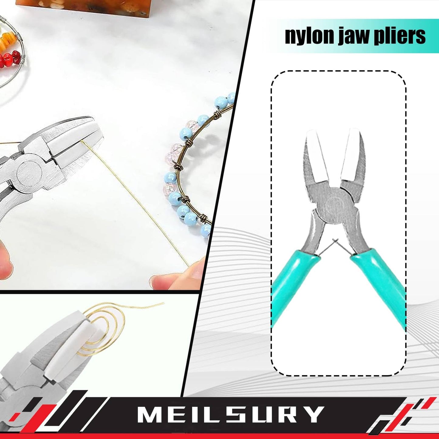 MeilsurY 3-Piece jewelry pliers set includes a 6-in-1 bail making looping pliers, nylon jaw pliers, and Wire Looping and Bending plier tools for crafting, beading, and repairing