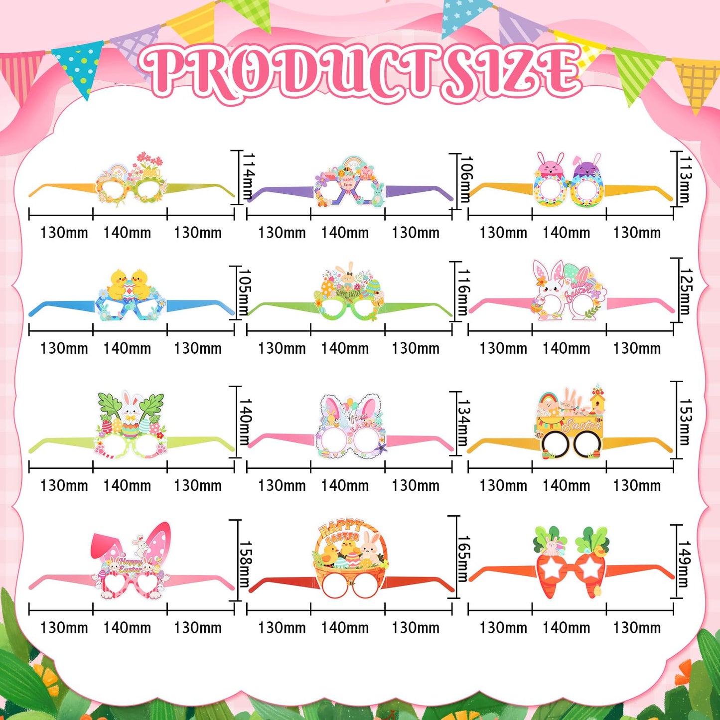 36 Pcs Happy Easter Party Paper Glasses Frame Bulk 7 Inch Easter Glasses Bunny Ears Chick Eggs Decoration Photo Booth Props Basket Stuffers for Adult Eyeglasses Party Favor