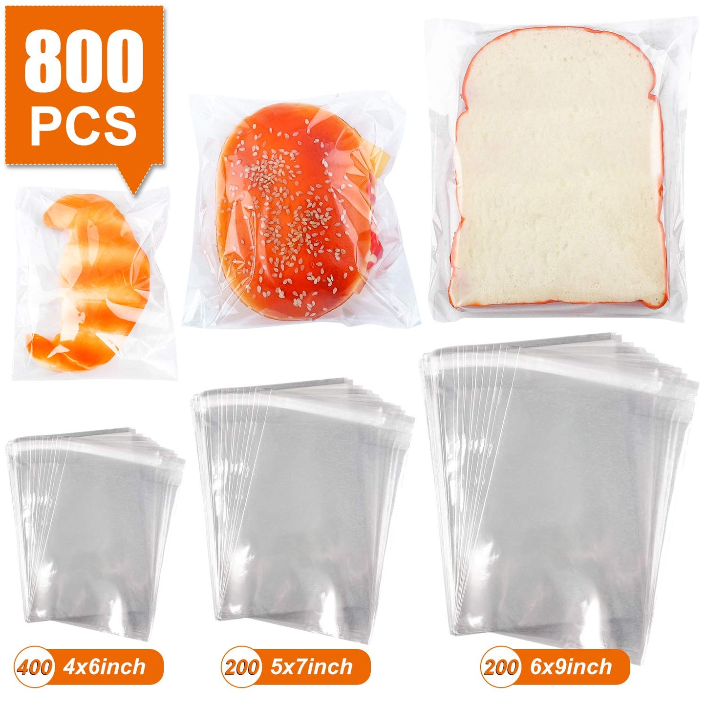 800 PCS Clear Re-sealable Cello/Cellophane Bags 3 Sizes with 4×6, 5×7, 6×9 Inch Good for Bakery, Snacks, Candle, Soap, Cookie, Jewelry, Cards
