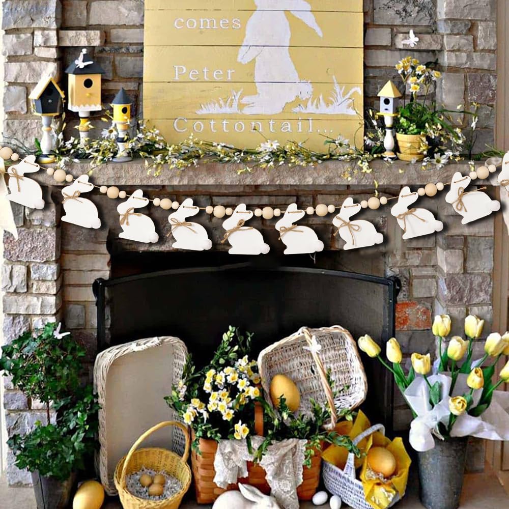Bunny Chorus Easter Decorations Garlands, Cute Easter Bunny with Wooden Beads Garland, Rustic Easter Banner for Wall Home Indoor Outdoor Spring Decor Supplies