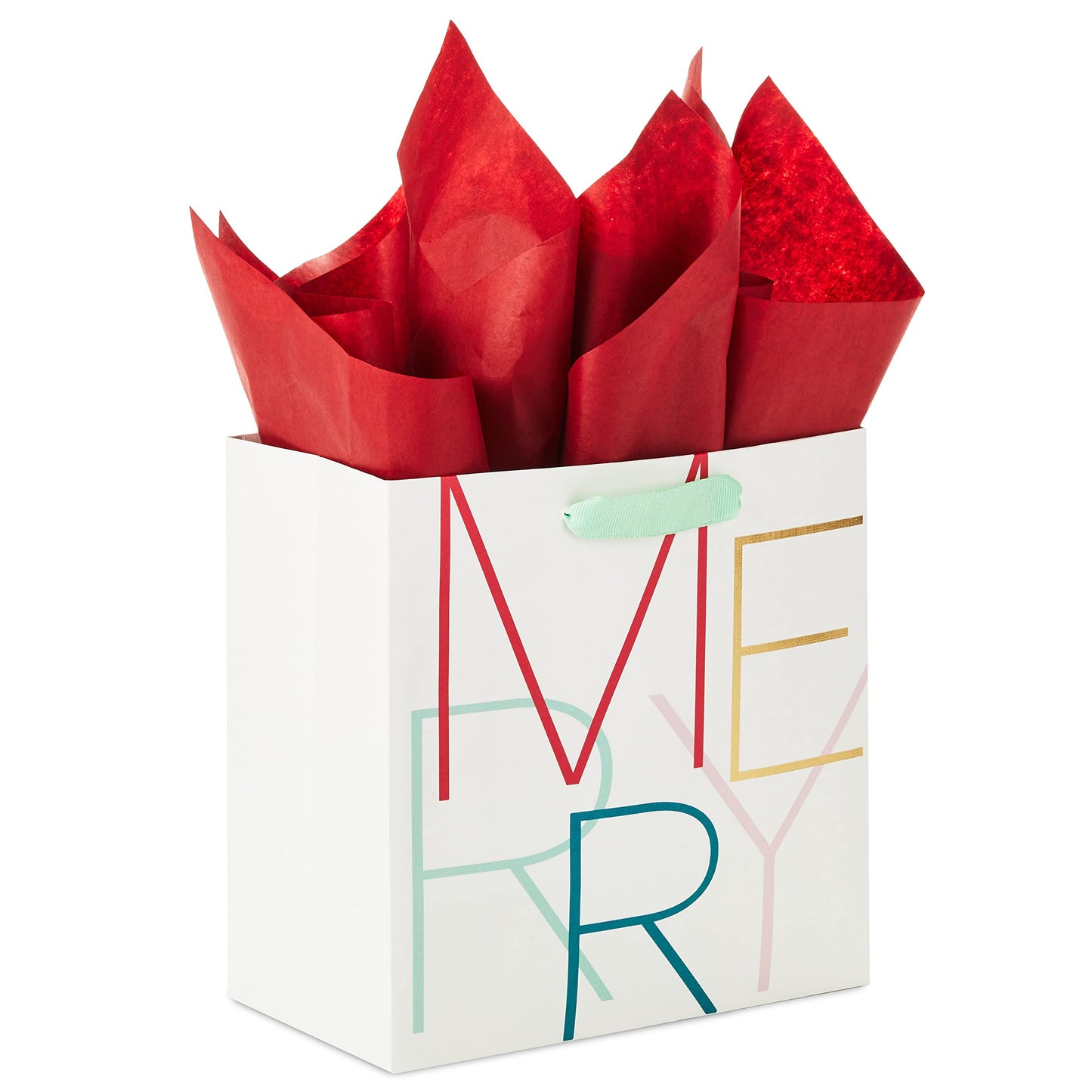 Signature 7" Square Christmas Gift Bag with Tissue Paper (Modern MERRY, Ivory, Red, Gold, Mint Green) for Daughter, Sister, Girlfriend, Aunt, Teacher, Coworker, Teen