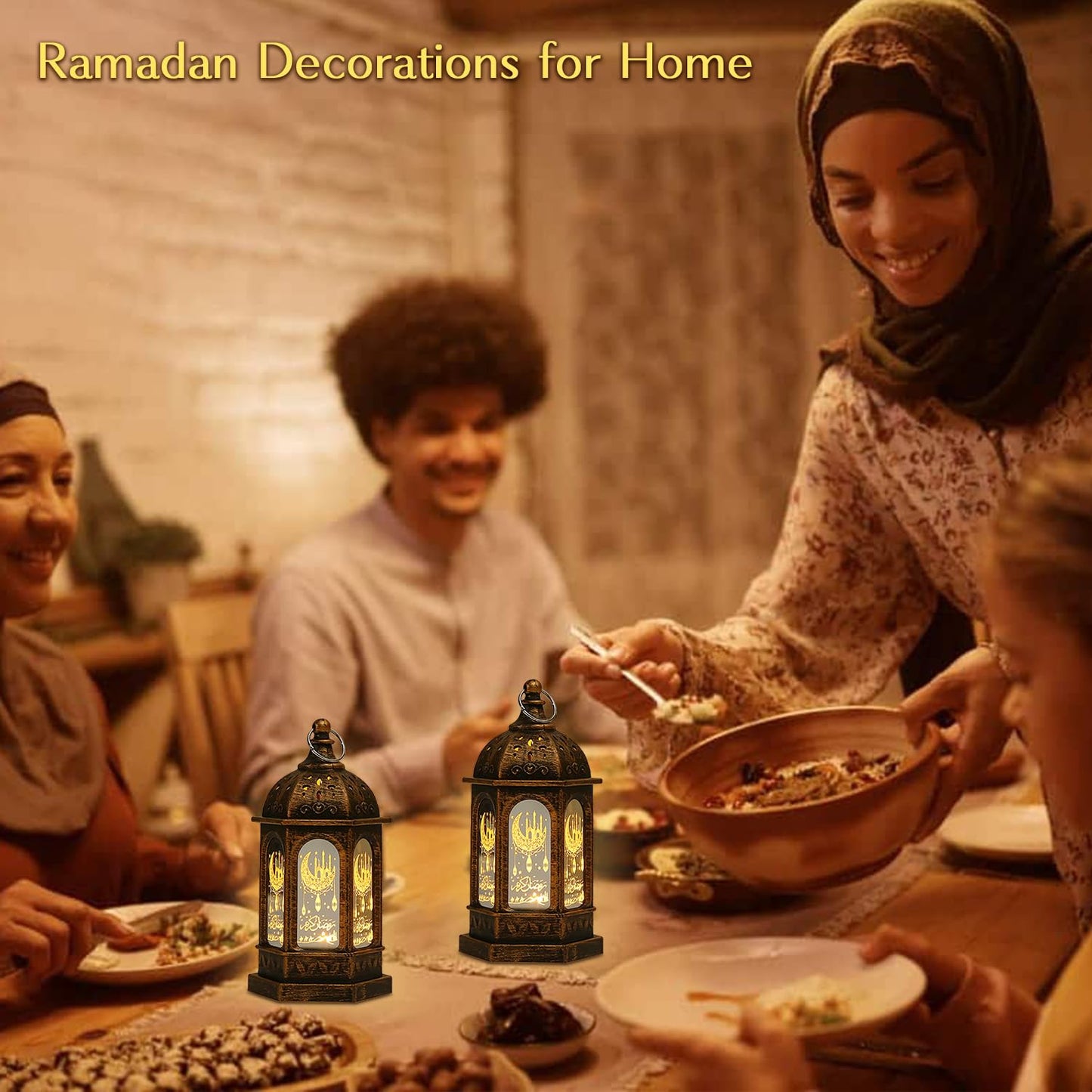 Ramadan Decorations, Ramadan Lantern Lights with Islamic Moon Star Decorations, Mini LED Hanging Lantern Decor, Eid Mubarak Decorations for Home Table Fireplace, Ramadan Eid Gifts 2 Pack