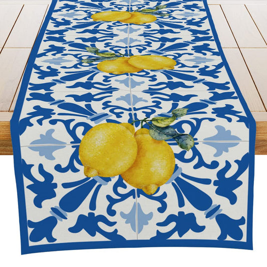 Italy Blue Tiles Runner Decorative, Italian Lemons Summer Table Runner Decorations for Dining Room Kitchen Dresser Decor for Party Holiday, Housewarming Gifts for Women Couple New Home, 13X72 Inches