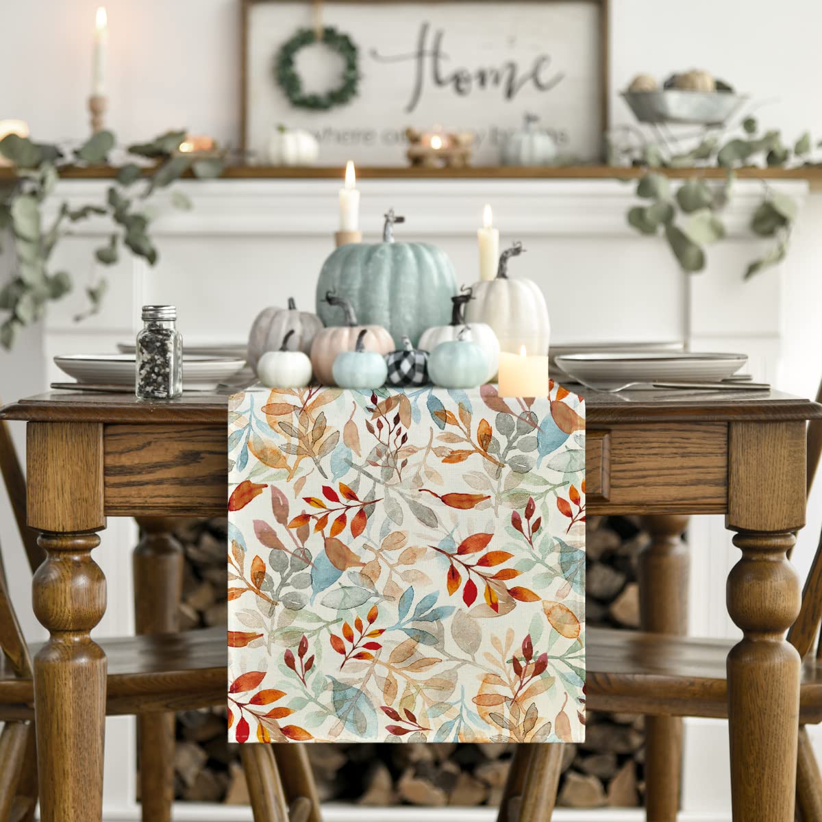 Beige Eucalyptus Leaves Fall Table Runner, Seasonal Autumn Kitchen Dining Table Decoration for Outdoor Home Party 13x108 Inch
