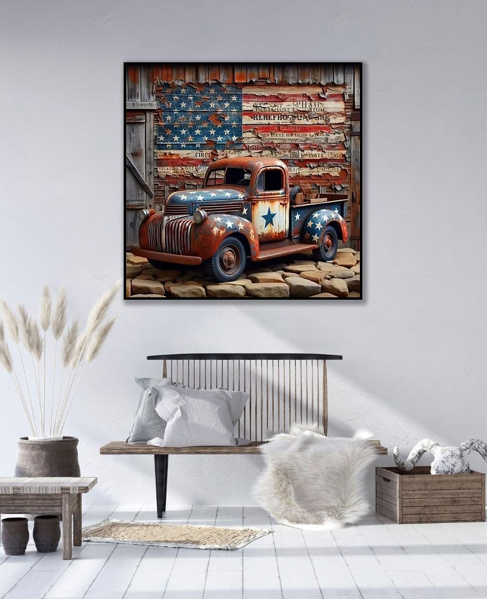 CHWGLFGG 5D Truck Diamond Art Kits for Adults Beginners,DIY Full Round Drill Diamond Painting Kits American Flag, Paint by Diamonds Dot Gem Art Crystal Easy,Home Wall Decor 13.7X 13.7Inch