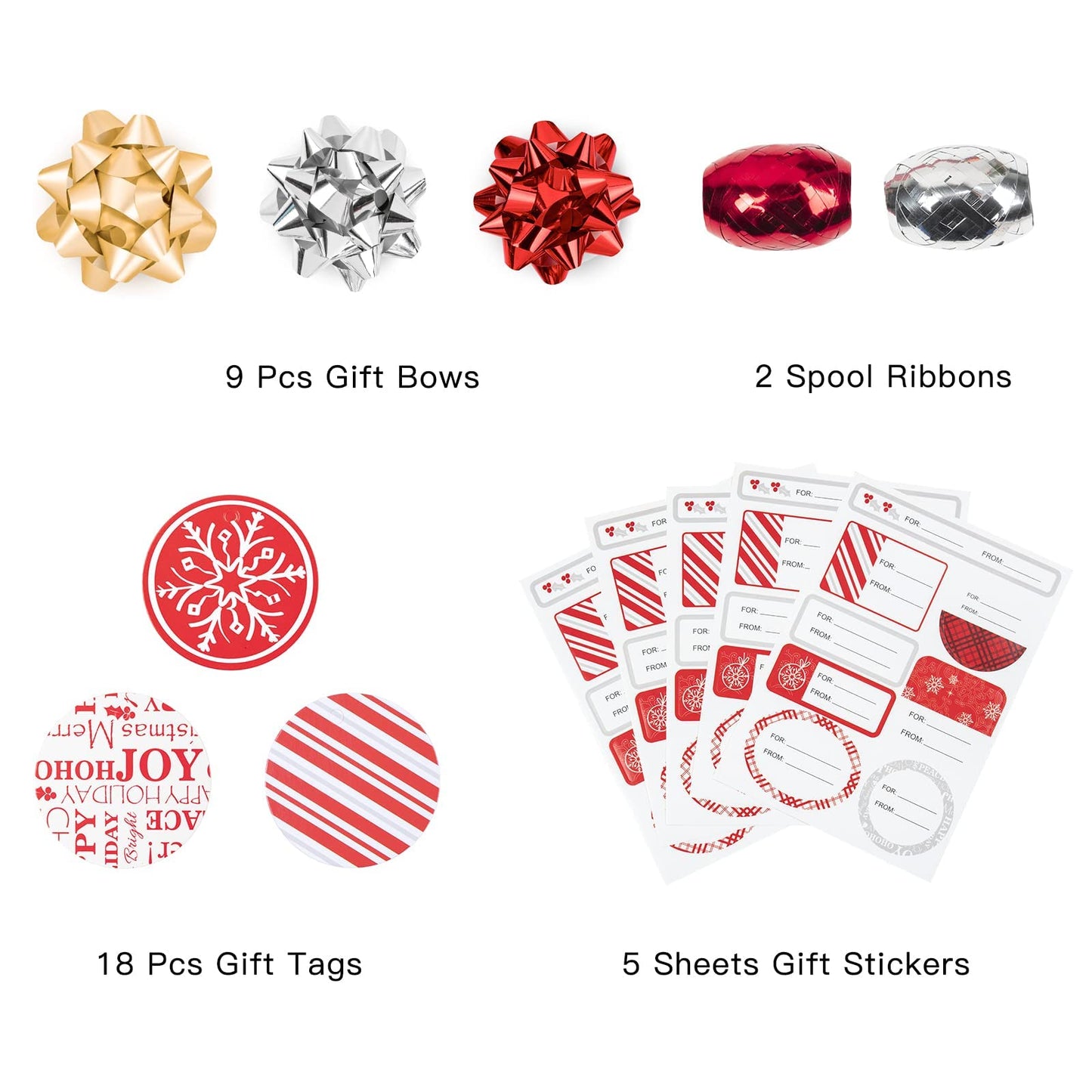 Christmas Wrapping Paper Set - Red and White Metallic Foil Shine Christmas Wrapping Paper Bundle with Gift Bow & Ribbon & Tag & Sticker