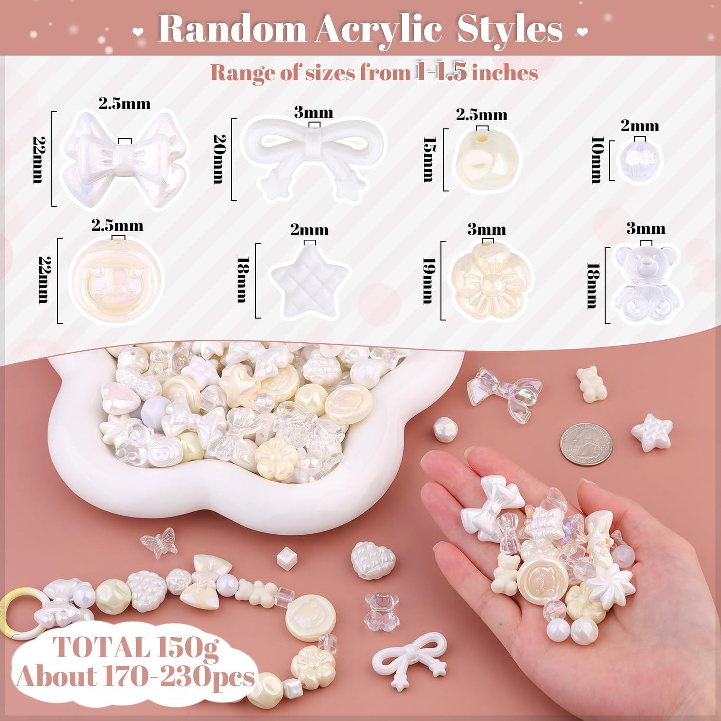 TINKRSTUFF Assorted 170-230PCS White Acrylic Beads for Bracelet Making, Flower Bow Butterfly Candy GummyBear Aesthetic Bracelet Charms,Cute Beads for Jewelry Making DIY Necklace Keychain Phone Charm