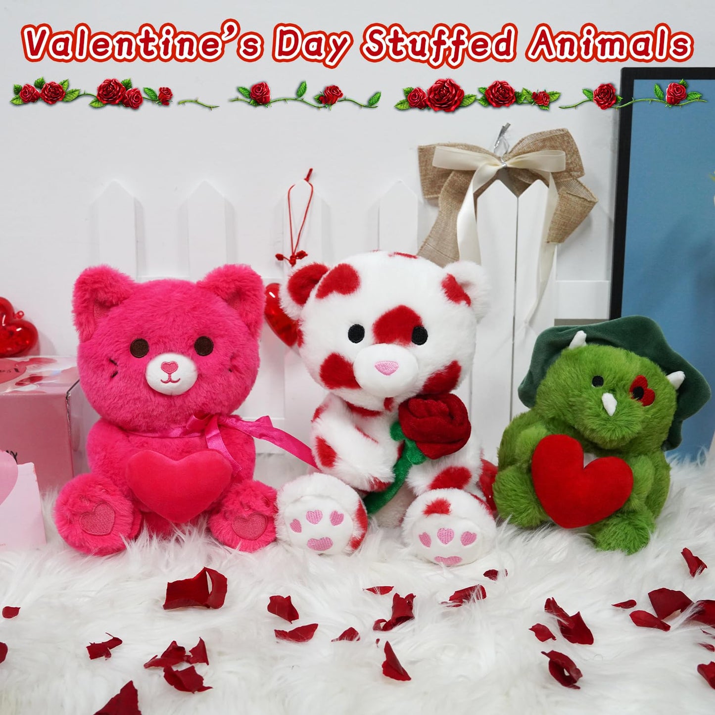 Valentine's Day Plush Teddy Bear with Rose, Stuffed Animal Gift for Her & Boyfriend, Party Decor