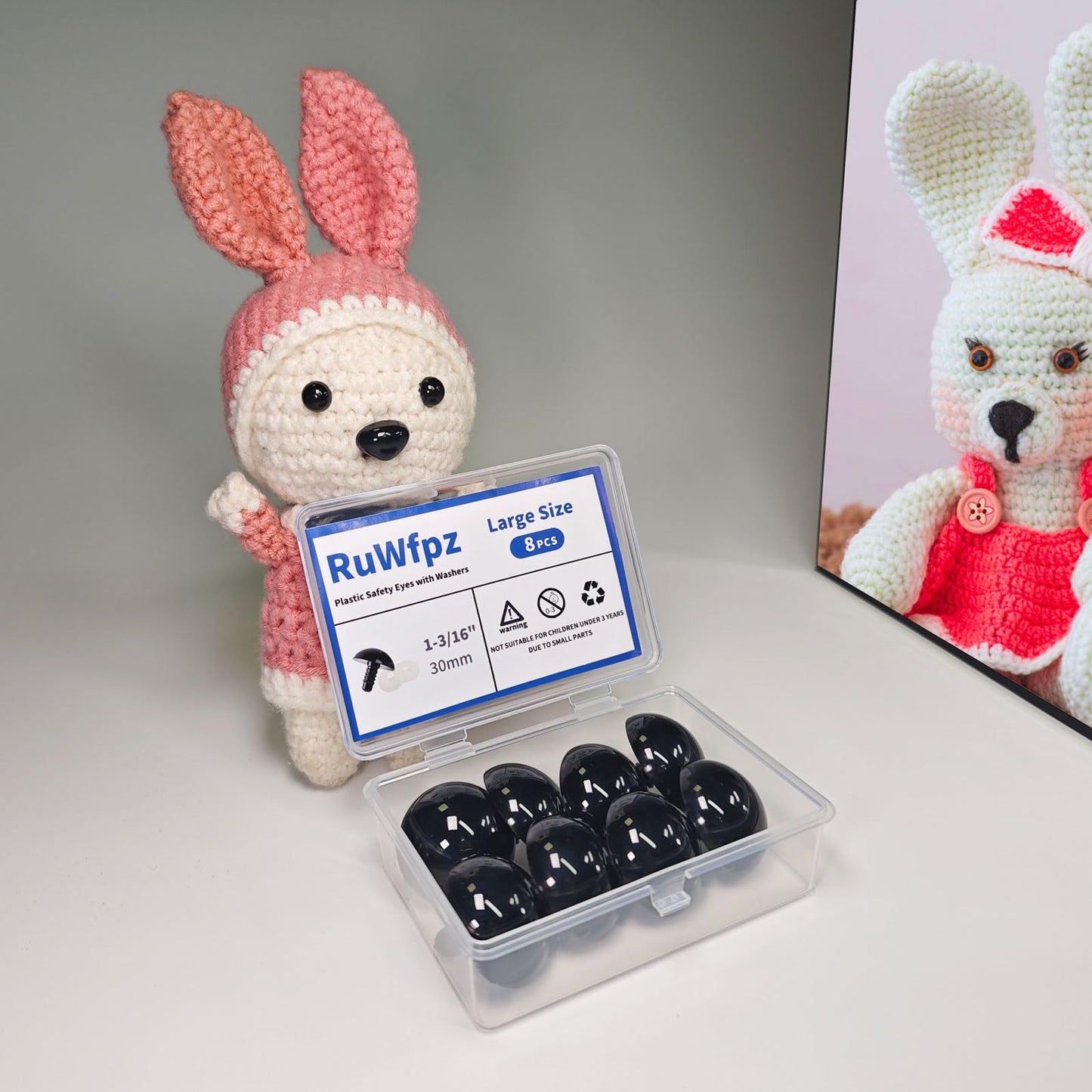 RuWfpz Large Safety Eyes for Crocheting Amigurumi 30mm 1-3/16" - 8Pcs Jumbo Stuffed Animal Eyes with Washers, Black Plastic Amigurumi Crochet Eyes for Doll Bear Crafts Button Plushies