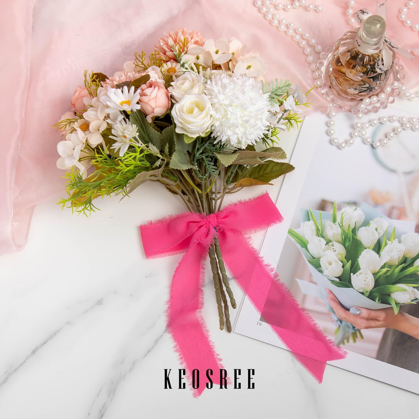 Hot Pink Pastel Pink Handmade Chiffon Ribbon,1.5" x 21Yd Frayed Silk Ribbons for Wreaths Bridal Flower Bouquet Christmas Gift Wrapping Wedding Decor Invitations Decorations (7Yards X 3 Rolls)