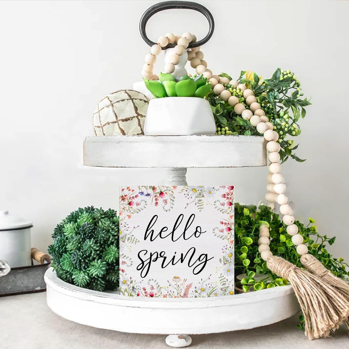 Spring Decor Farmhouse Desk Decorations Wooden Sign, Hello Spring Wood Plaque Block Sign Rustic Home Decor 5 x 5 Inches
