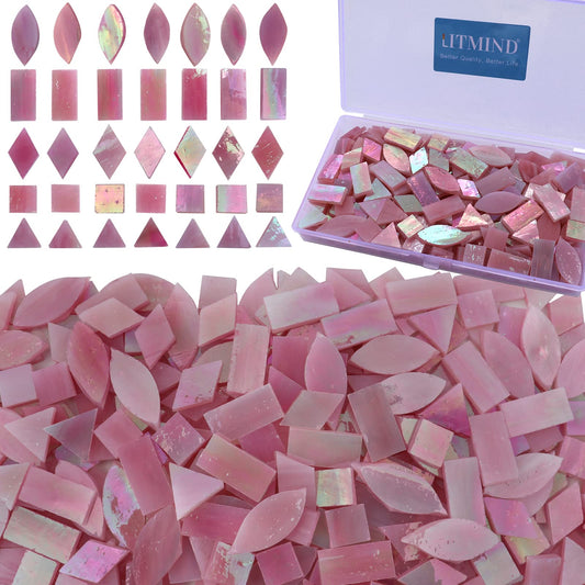 LITMIND Iridescent Glass Mosaic Tiles for Crafts, 240 Pieces 5 Shapes Mixed Pink Stained Glass Pieces, Mosaic Kits for Adults (Iridescent Pink)