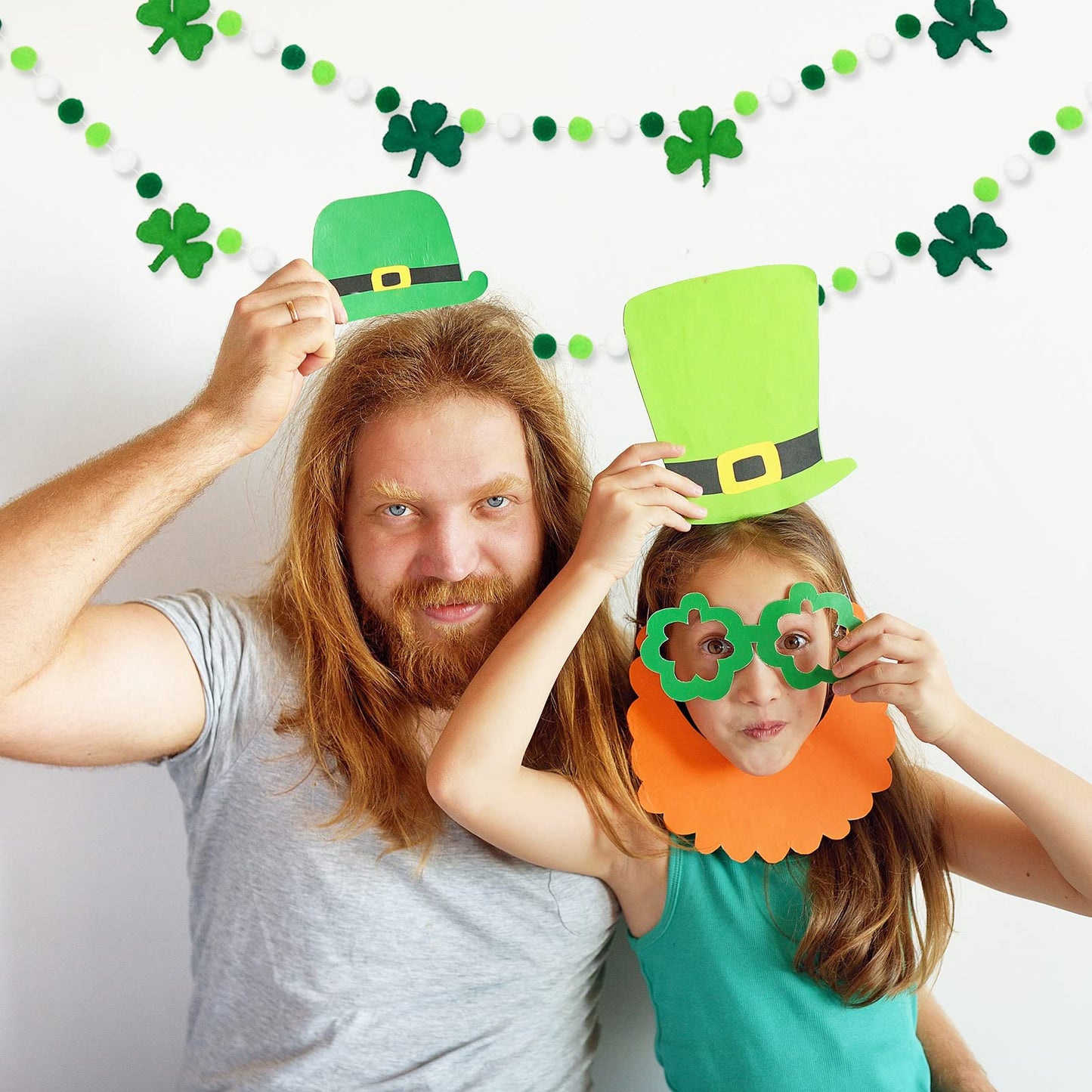 Whaline 8.2Ft St. Patrick's Day Felt Pom Pom Banner Lucky Shamrock Garland Green White Pom Ball Clover Decorative Irish Hanging Bunting Garland for St. Patrick's Day Home Mantel Wall Decor