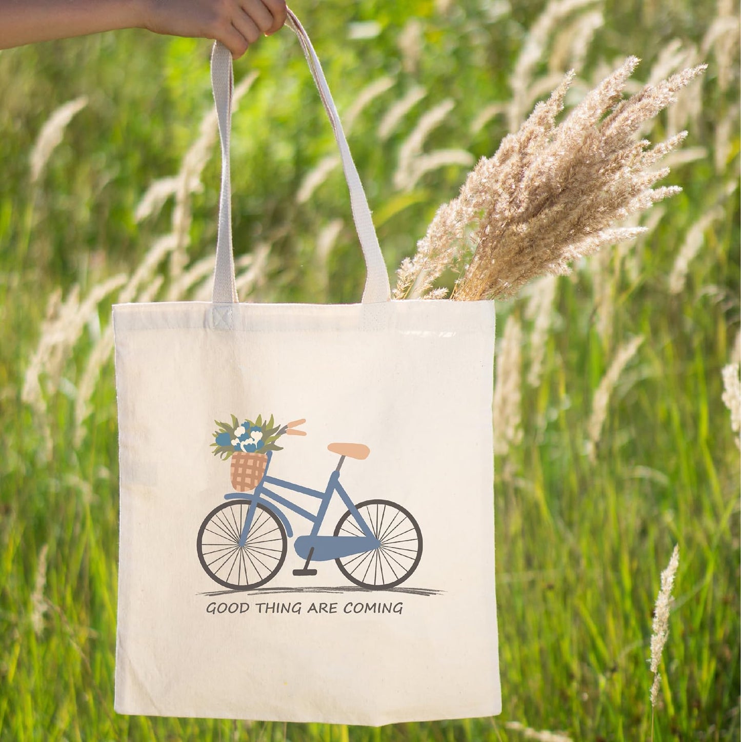 Kazova Aesthetic Flowers Cotton Canvas Tote Bag Blue Bouquet Bicycle Cloth Tote Bag Cute Cotton Tote Bag Art Canvas Tote Bag Reusable Shopping Bag for Gift