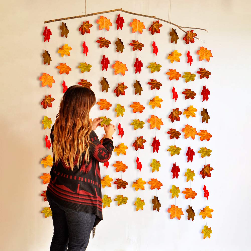 Fall Maple Leaf Garland, Artificial Autumn Maple Leaves Plants Vine Hanging Garland for Home Garden Kitchen Office Wedding Wall Doorway Party Backdrop Fall Garland Fall Decorations Thanksgiving Decor