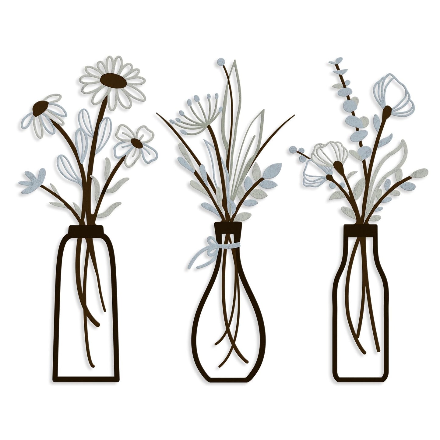3 Pieces Metal Vase Flowers Wall Arts - Rustic Farmhouse Style Décor Metal Wall Art Black Minimalist Flower Natural Themed Wall Decors for Home Bedroom Dining Room Housewarming (Brown-Blue, Vase-C)