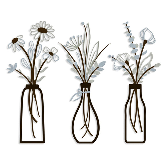 3 Pieces Metal Vase Flowers Wall Arts - Rustic Farmhouse Style Décor Metal Wall Art Black Minimalist Flower Natural Themed Wall Decors for Home Bedroom Dining Room Housewarming (Brown-Blue, Vase-C)