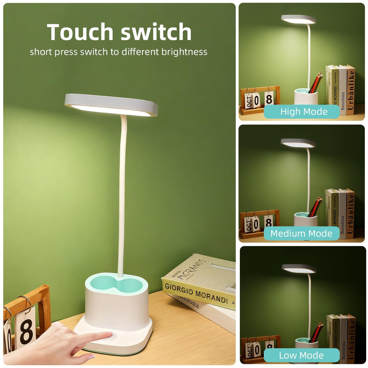 Hacevida LED Small Desk Lamp for Home Office Bedroom, Dimmable Reading Light with USB Charging Port, Eye-Caring, Rechargeable Study Lamp for Kids Student with Pen Holder, Table Lamp 360°Adjustable Arm