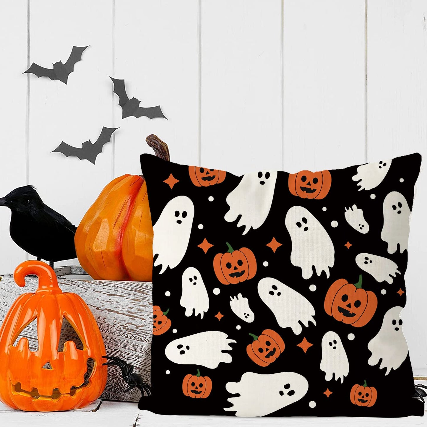 Halloween Pillow Covers 18x18 Inch Ghost Pumpkins Linen Pillowcase Holiday Farmhouse Throw Pillows Indoor Outdoor Couch Cushion Case for Home Sofa Decor