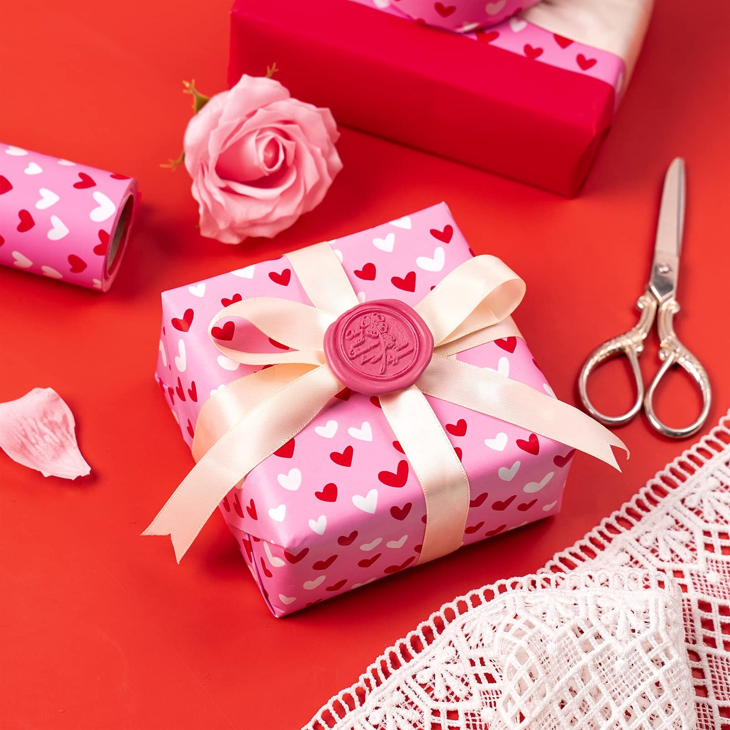 Reversible Valentine's Day Wrapping Paper - Mini Roll - 17 Inch X 33 Feet - Pink and Red Heart Design for Valentine's Day, Anniversary, Birthday, Wedding, Baby Shower