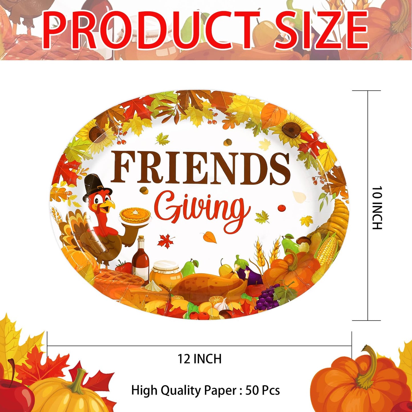 50Pcs Friendsgiving Oval Plates 10"x12" Large Fall Thanksgiving Turkey Paper Plates Disposable Heavy Duty Turkey Harvest Pumpkin Dinner Platter for Autumn Fall Friendsgiving Friends Thanks Party Decor