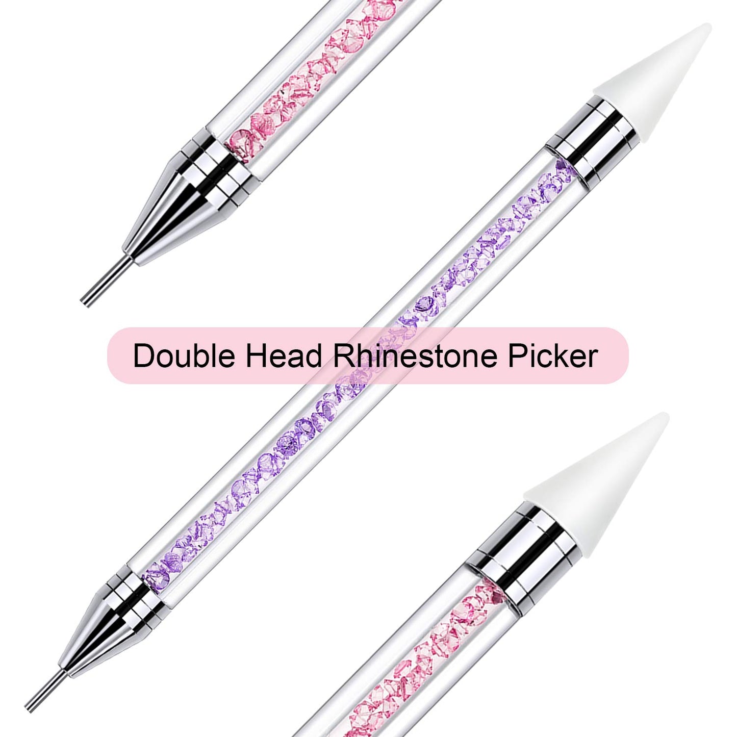 2 Pieces Rhinestone Picker Dotting Pen, Dual-ended Rhinestone Gems Crystals Studs Picker Wax Pencil Pen Crystal Beads Handle Manicure Nail Art DIY Decoration Tool (Pink Purple)