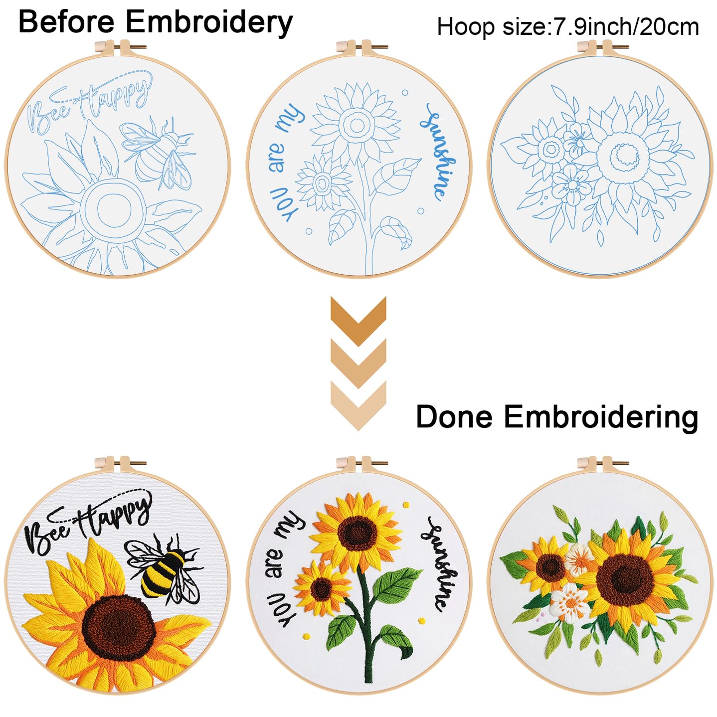 Louise Maelys 3 Sets Sunflowers Embroidery Kit for Beginners,Cross Stitch Kits for Adults with Summer Flowers Bee Stamped Pattern,Starters Needlepoint with Embroidery Instruction