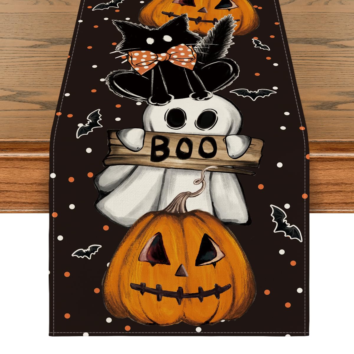 Polka Dot Ghost Pumpkin Cat Boo Halloween Table Runner, Bat Seasonal Fall Kitchen Dining Table Decoration for Home Party Decor 13x36 Inch