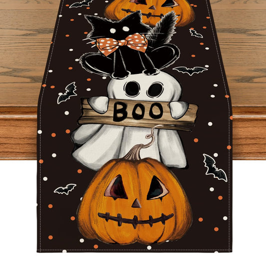 Polka Dot Ghost Pumpkin Cat Boo Halloween Table Runner, Bat Seasonal Fall Kitchen Dining Table Decoration for Home Party Decor 13x48 Inch