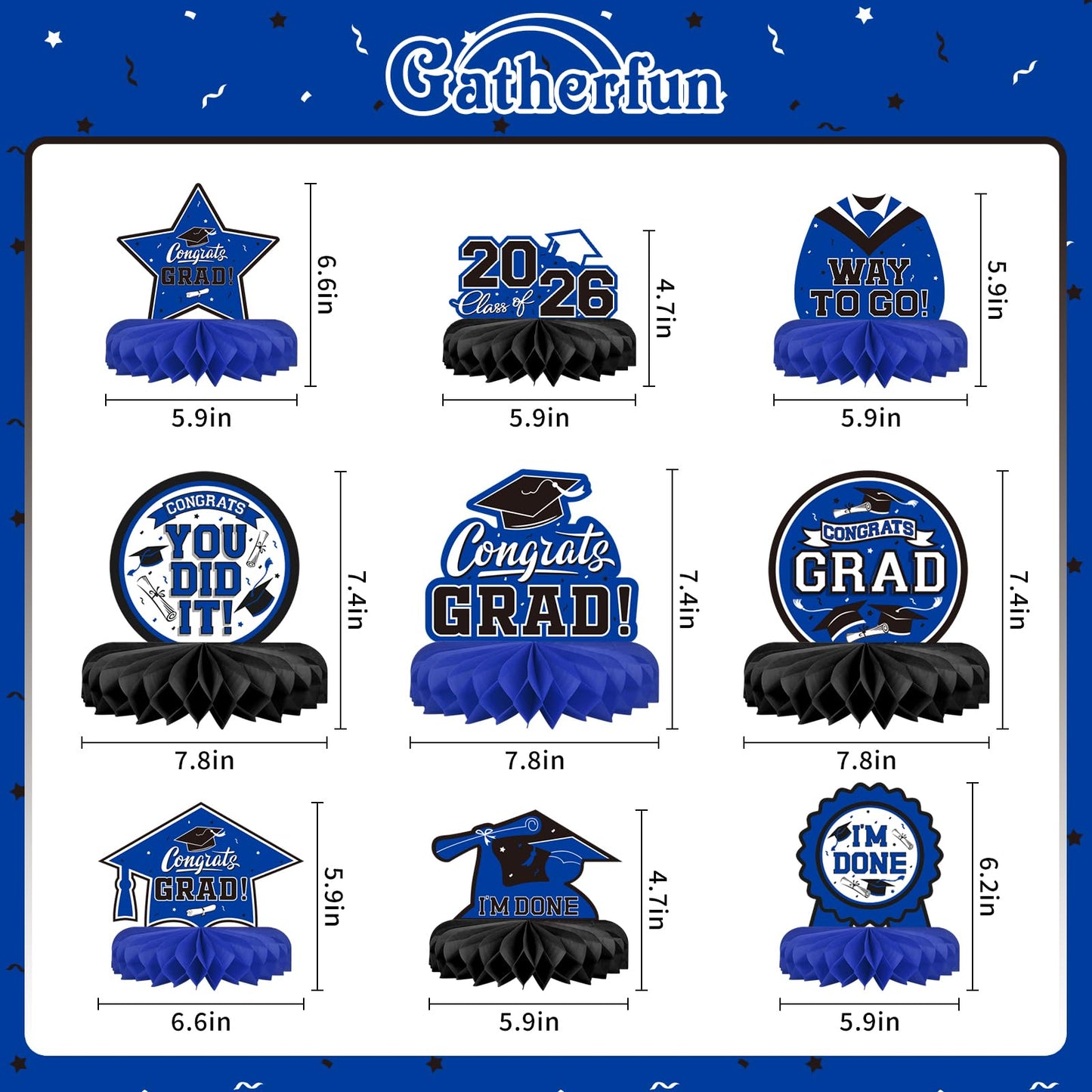 9PCS Graduation Party Decorations Class of 2026 Congrats Grad Table Centerpiece Congratulate Graduation Honeycomb Table Toppers for Graduation Party Supplies(Blue,Black）