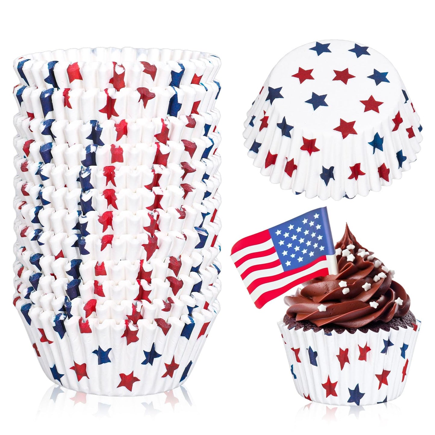 JarThenaAMCS 300Pcs Patriotic July 4th Cupcake Liners Red Blue Stars Paper Baking Cups Independence Day Standard Muffin Cupcake Wrappers for 250th Anniversary Memorial Day Party Supplies Table Decor