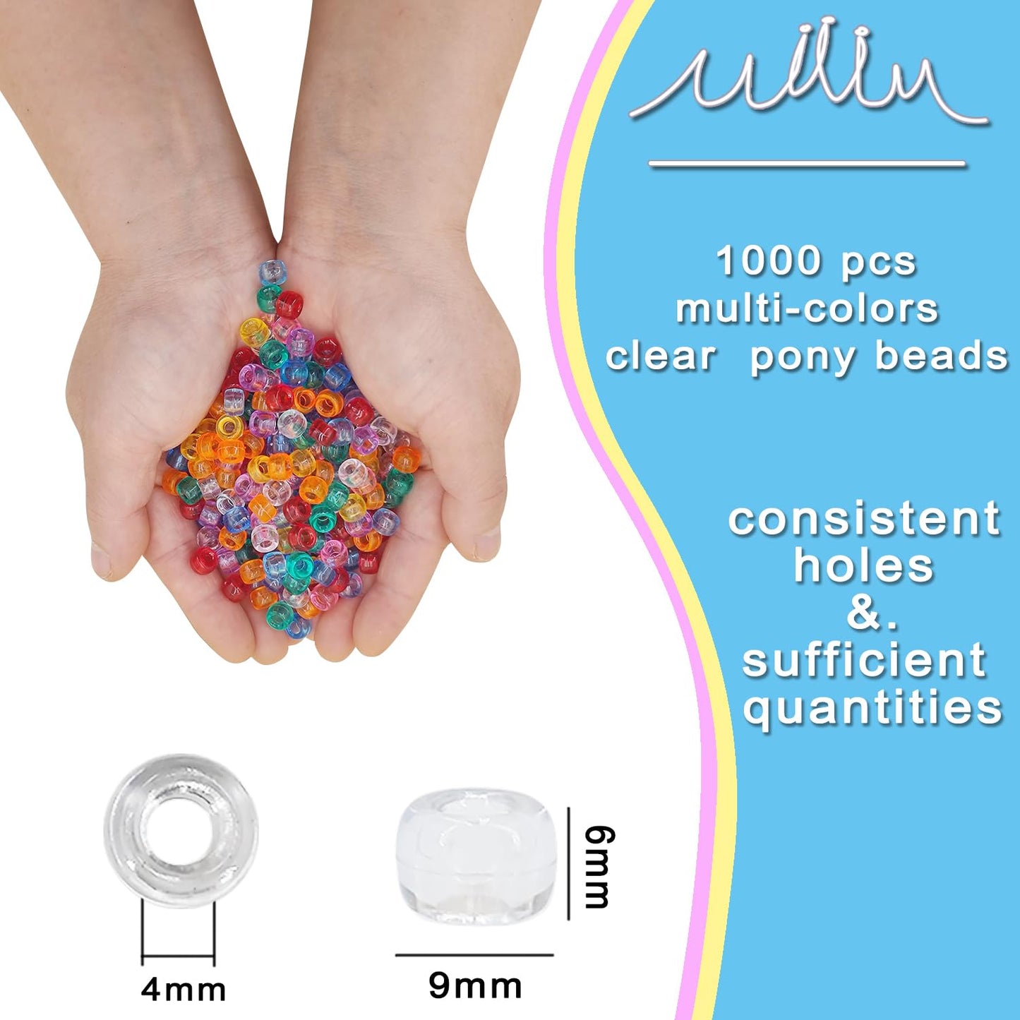 MIIIM 1000PCS 6x9mm Clear Pony Beads Bulk, Kandi Beads for Bracelets Making Kit, Hair Braids Craft for Jewelry Making (Clear Multi Color)